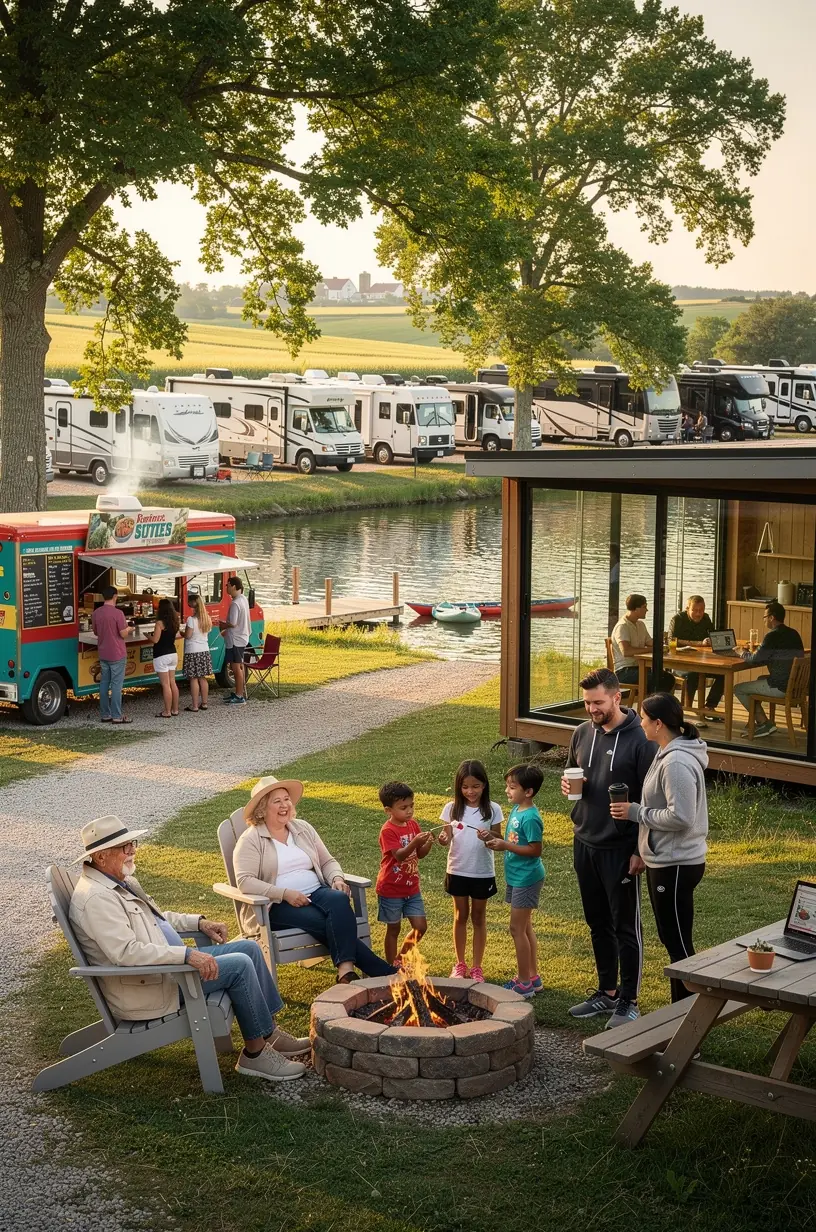 Группа туристов работает в коворкинг-кабинах на свежем воздухе, окружённых зеленью и удобствами для удалённой работы.