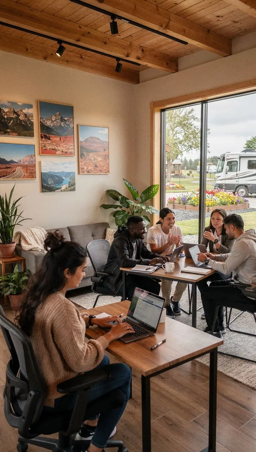 Автодома, припаркованные на оборудованном микро-курорте с электрическими подключениями и удобствами для комфортного отдыха.